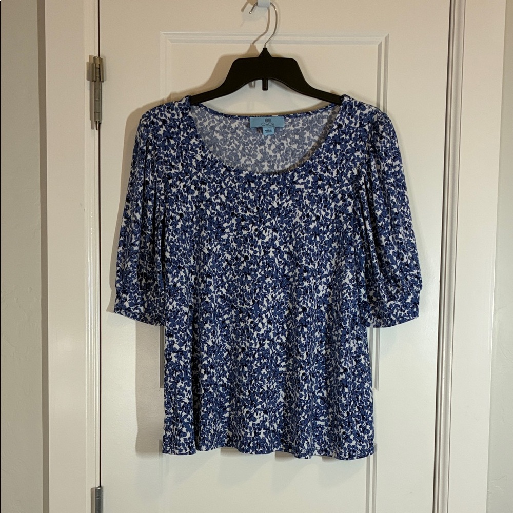 CeCe Navy White Blue Floral Blouse